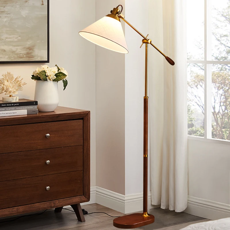 

Solid Wood Nordic Vintage Simple Japanese Style Living Room Metal Walnut Wood Brass Decoration Standing Lamp Floor Lam