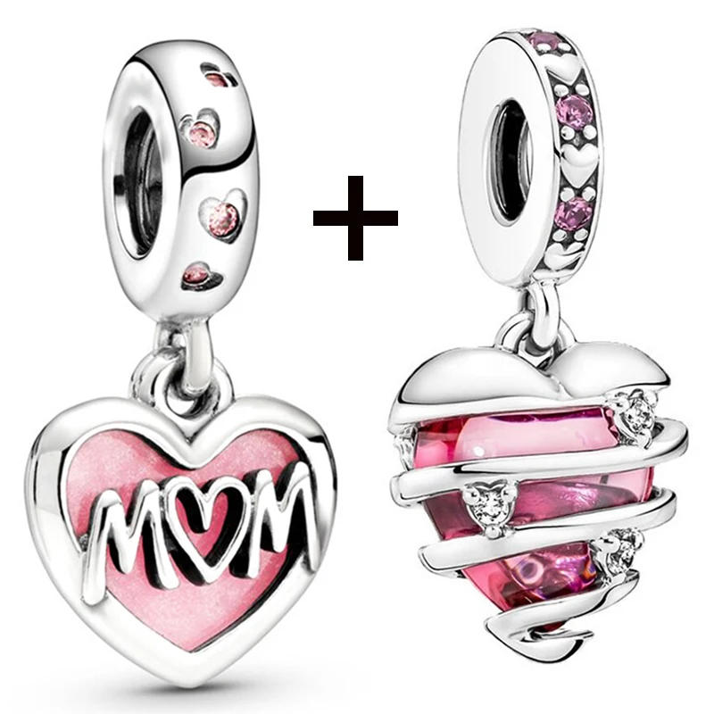 2Pcs/lot Pink Enamel Heart Mom Charm Pendant Crystal DIY Beads Bracelets Necklaces For Women Girlfriend Jewelry Accessories Gift