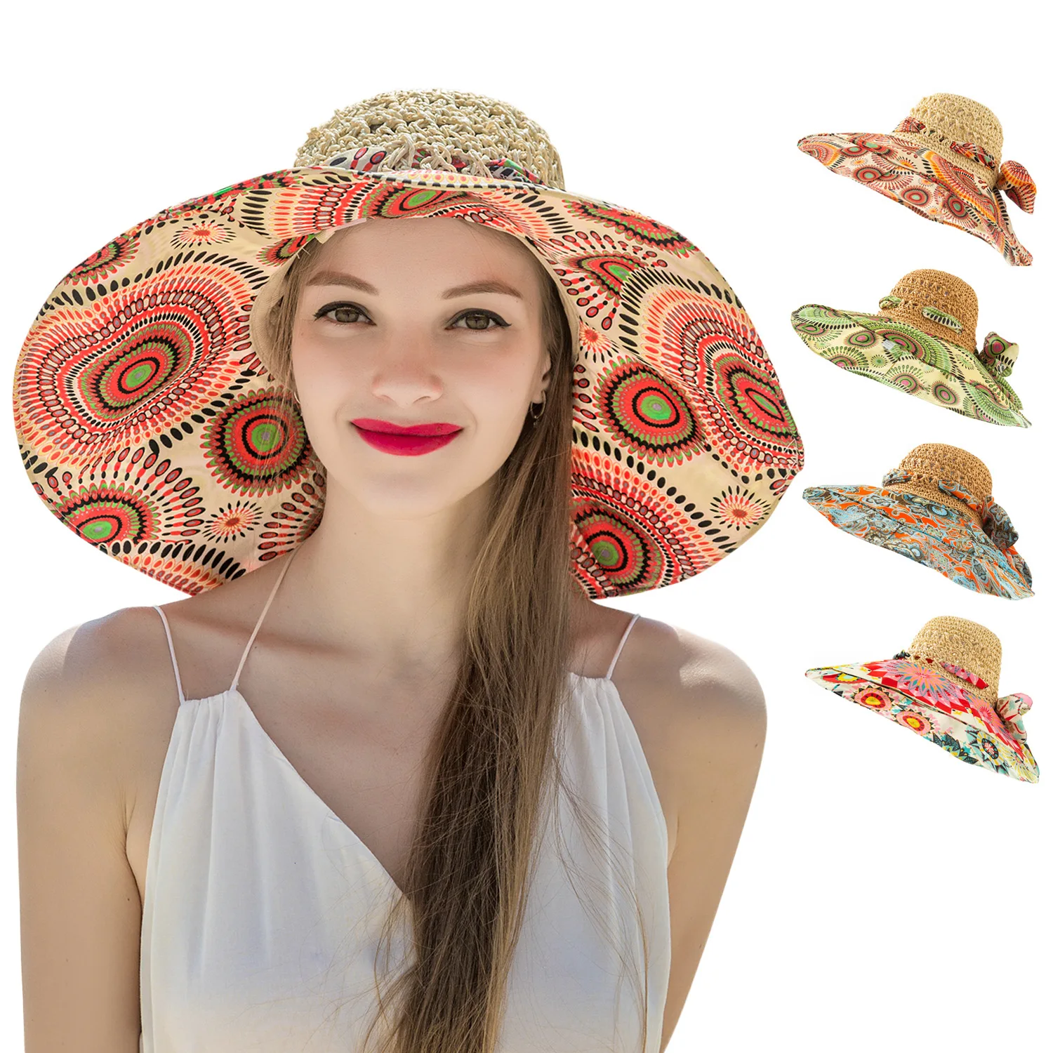 

HUISHI Fashion Sun Hat For Women Holiday Beach Straw Cap Female Hollow Printed Bow Summer Brim Hat Fold Uv Protection Floppy Hat