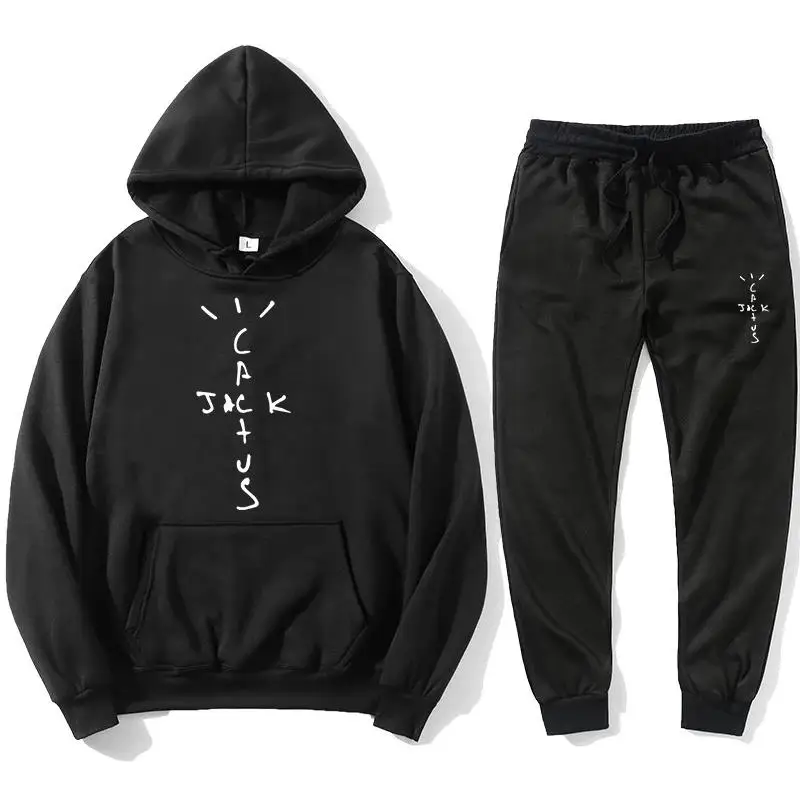 

2023 hip hop personality print autumn winter pure cotton men and women crewneck hooded sweatshirt casual pullover + pants S-3XL