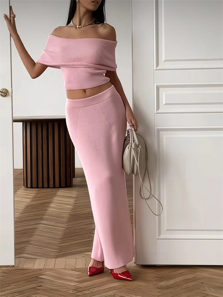 Knit Ribbed 2 Piece-Set Long Skirt For Women Backless Solid Cropped Sweater Pullover And Slim Knitwear Maxi Skirt Outfits