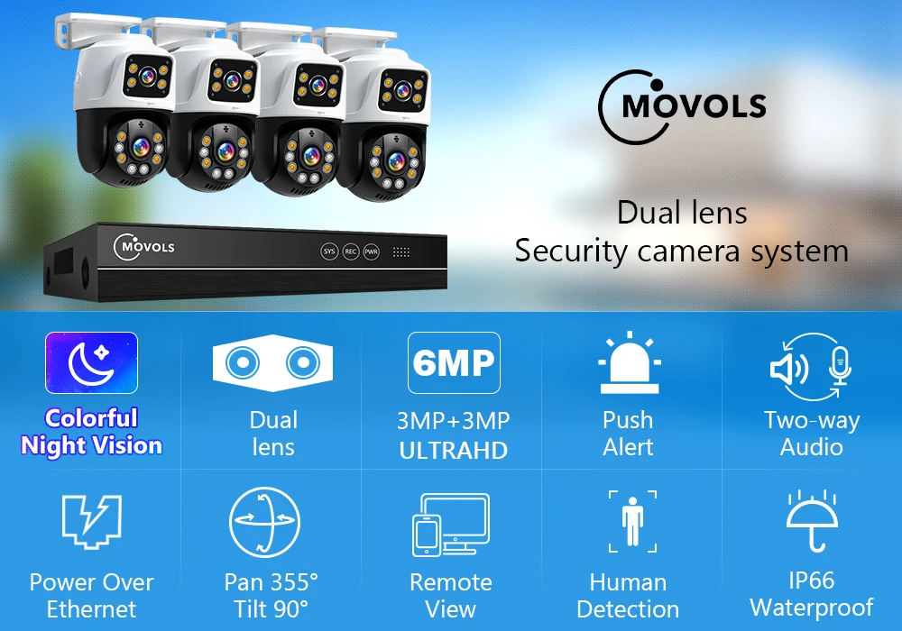 Movols 6MP POE Security Camera System Dual Lens PTZ Two Way Audio POE Surveillan