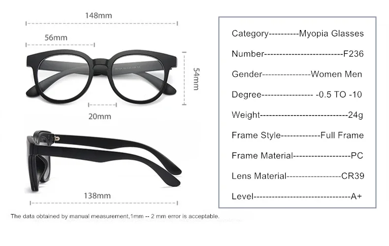 6-in-1-Magnet-Sonnenbrillen-Clip und Korrekturbrille für Myopie -0,5 bis -10, polarisierte oder Nachtsichtgläser, Männer und Frauen, kurzsichtige Brillen, F236 – Detail 11