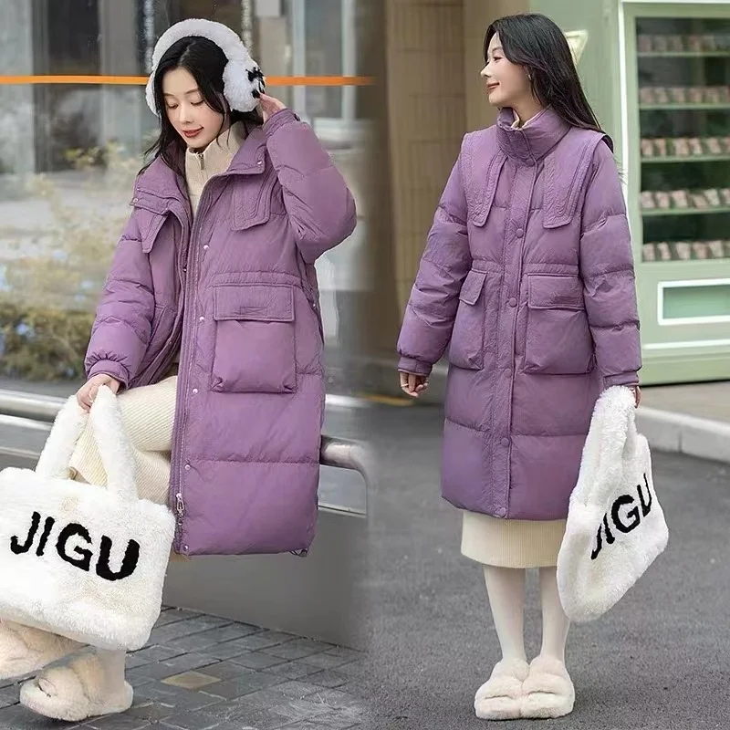 

Korean Navy Collar Waistband Mid length Women's White Duck Down 2023 Autumn/Winter Thickened Over Knee Versatile Coat Down