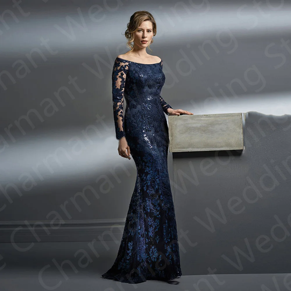 

Classic Latest Navy Blue Mother of the Bride Dresses 2023 Lace Long Sleeves Wedding Guest Gowns Off Shoulder