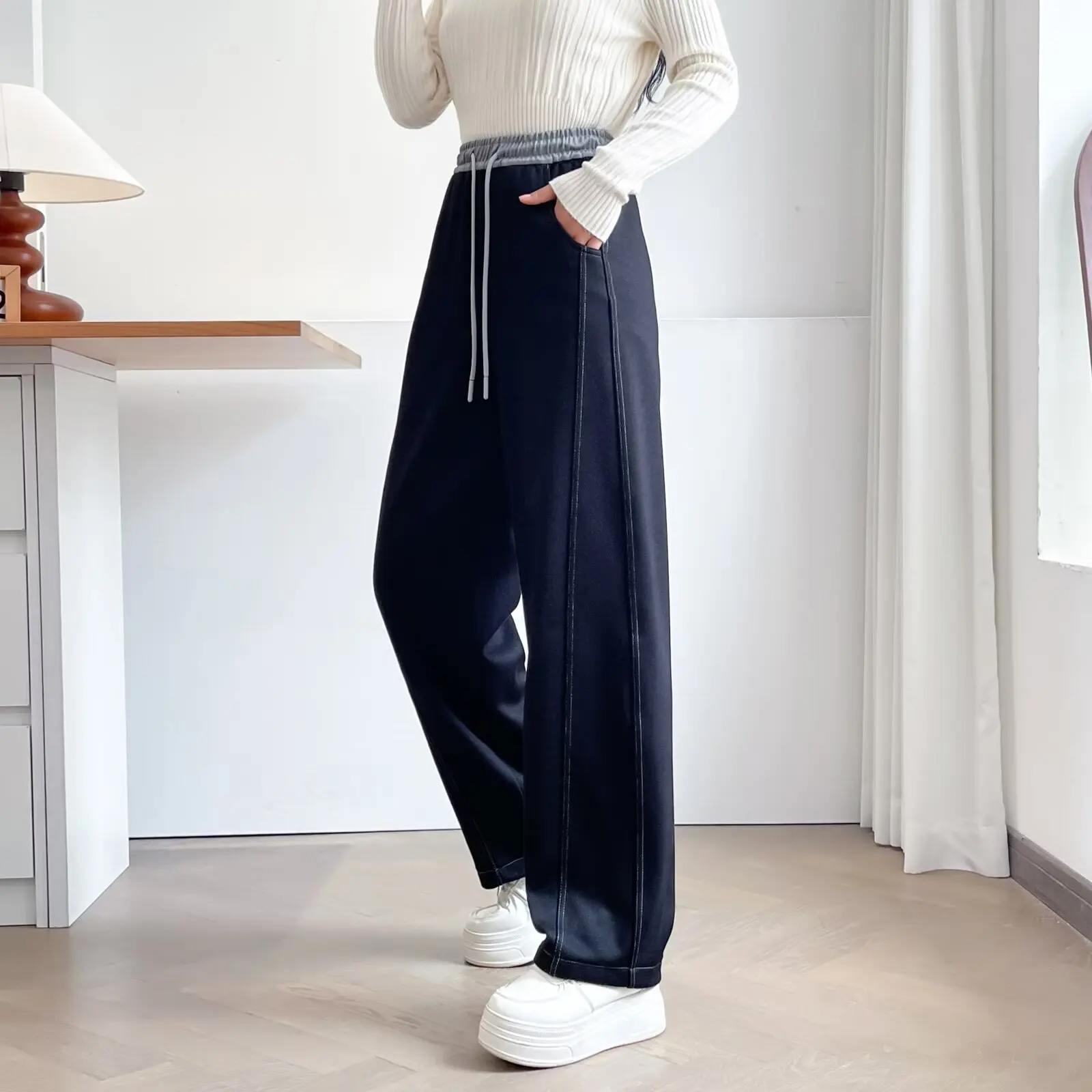 XXXXL Fashion Plus Size Women's Straight Pants Winter New Style Simple Fleece Curved Warm color-matched Trousers 8232