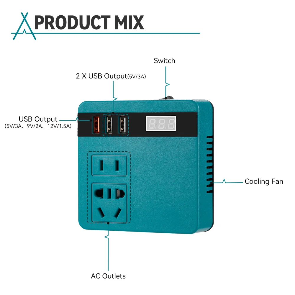 Wireelife-inversor de corriente de 120W, adaptador de fuente de alimentación para electrodomésticos, batería Makita de 18V, DC 18V a 220V