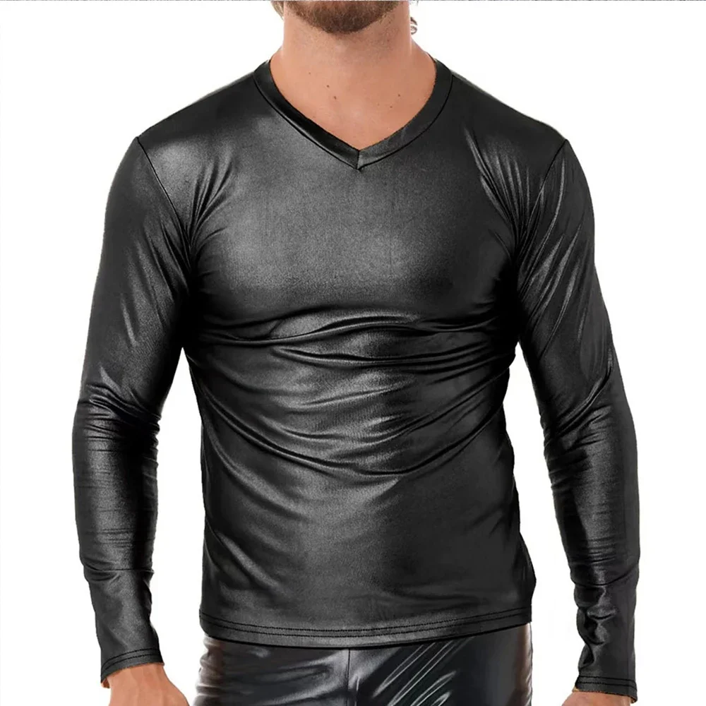 

Men Black Faux Leather T Shirt Plus 6XL 7XL Long Sleeve Leather T-shirts Slim Fit V Neck Top Nightclub Stage Performance Costume