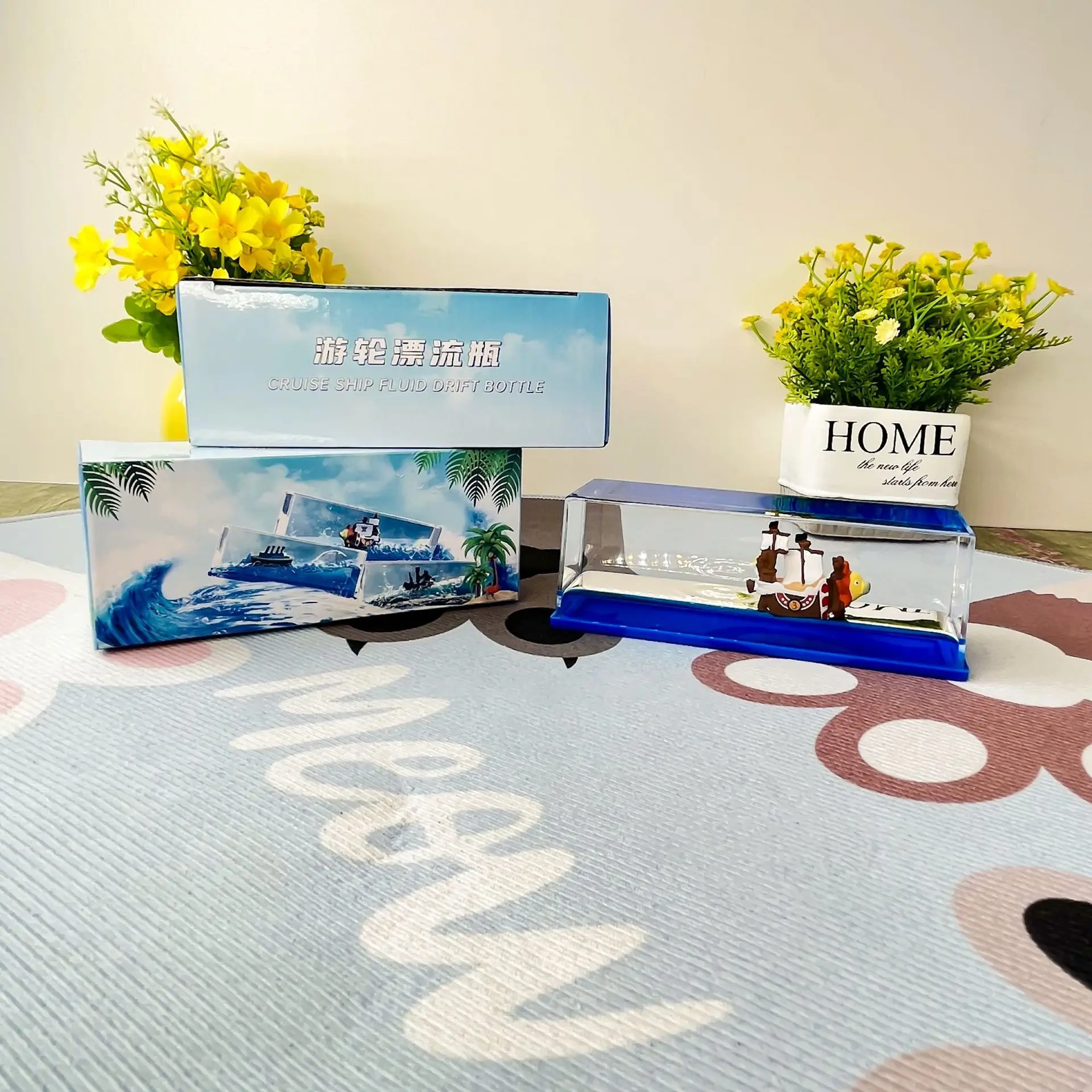 Anime One Piece 3D Ship Fluid Drift Bottle Mille Sunny Ship Going Merry Boat Floating Boat Figure Toys Ornament Home Decor