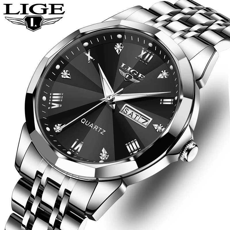 LIGE Top Brand Luxury Quartz Man Watches Business Fashion Stainless Steel Watch for Men Waterproof Luminous Week Auto Date Clock large dial watch for men electronic watch multifunctional week calendar alarm clock stainless steel strap men watch reloj hombre