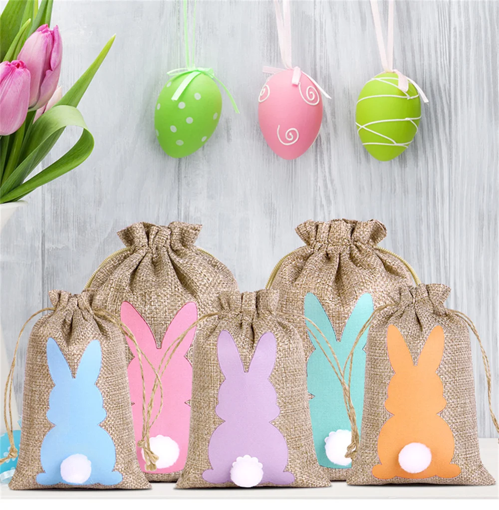1pcs Easter Burlap Bag Drawstring Gift Bag Easter Bunny Rabbit Linen Jute Bag With Fluffy Tail Gift Pouch Bag Party Favor