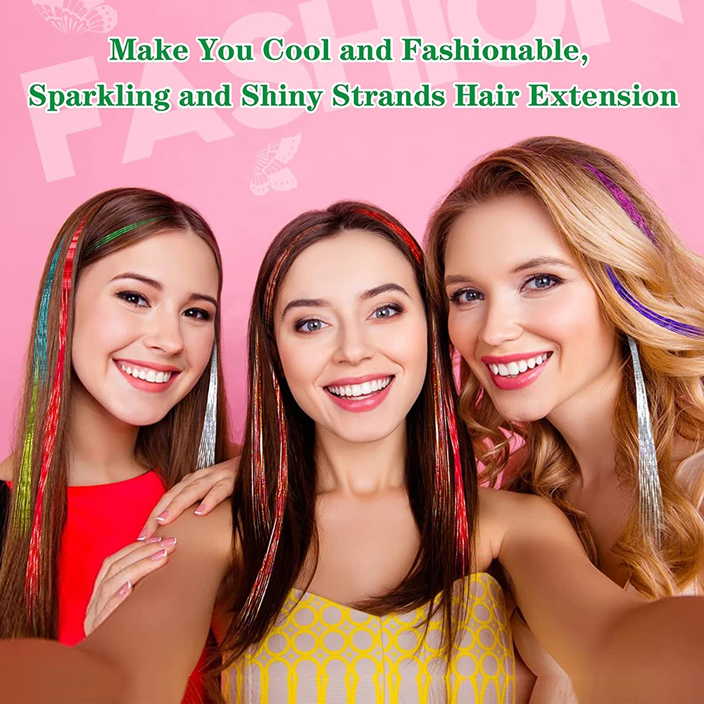 Shiny Hair Tinsel Rainbow Colored Strands Synthetic Tinsel Hair Extensions Girl Headwear Hippie for Braiding Glitter Hair