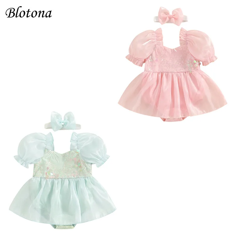 

Blotona Baby Girls Romper Dress Sequins Short Sleeve Organza Skirt Hem Infant Bodysuits Summer Clothes with Headband