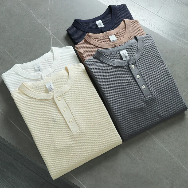 

Summer American Retro Short-sleeved Henry Collar Soild ColorT-shirt Men's Fashion Simple 100% Cotton Washed Casual Sport Tops