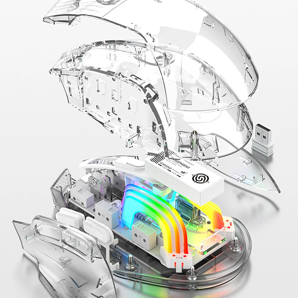 Transparent Multi-Mode Wireless Gaming Mouse with Bluetooth and USB-C Connectivity