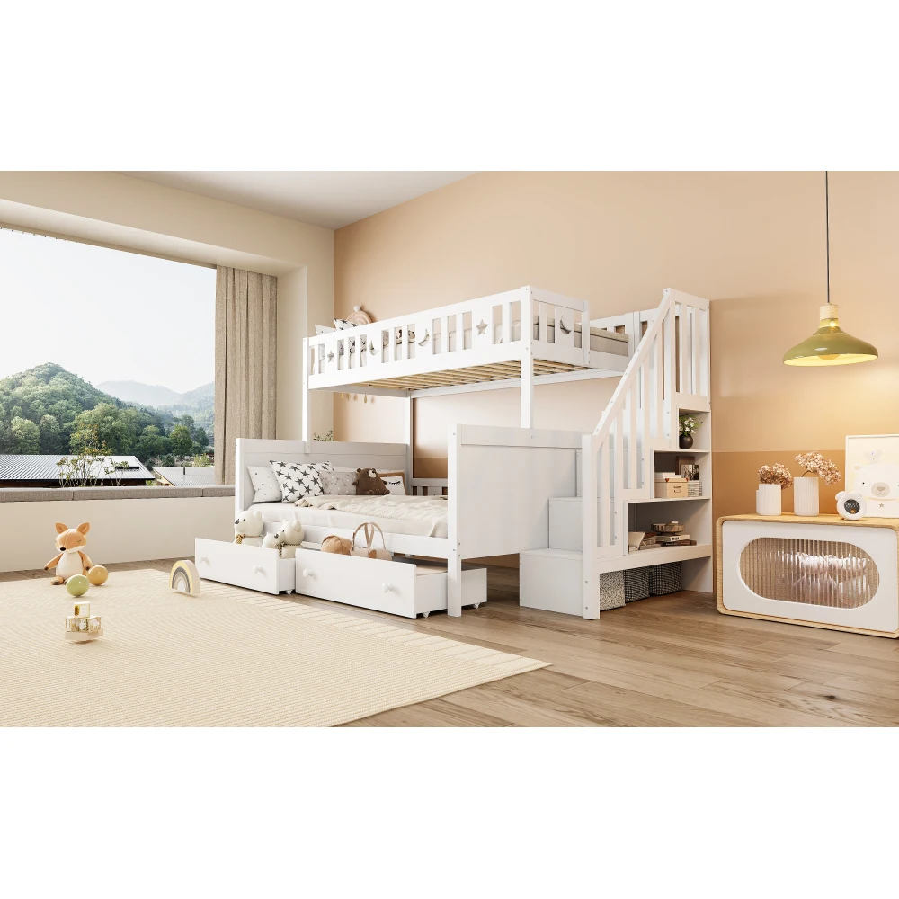 90*200/140*200cm weißes Kinder-Etagenbett, Etagenbett aus Massivholz mit Sicherheitstreppe, zwei große Schubladen und Schiefergrill – Detail 7