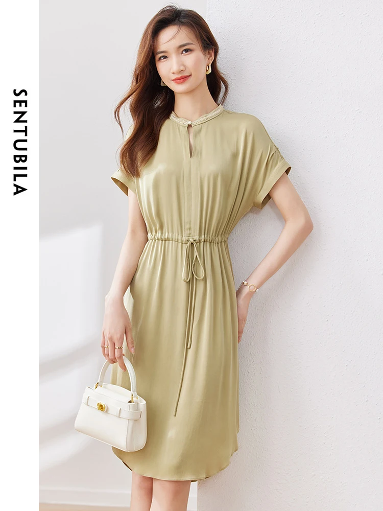 

SENTUBILA Round Neck Short Sleeve Woman Dress 2024 Summer Elegant Drawstring Waist Knee-Length Ladies Khaki Dresses 132L49310