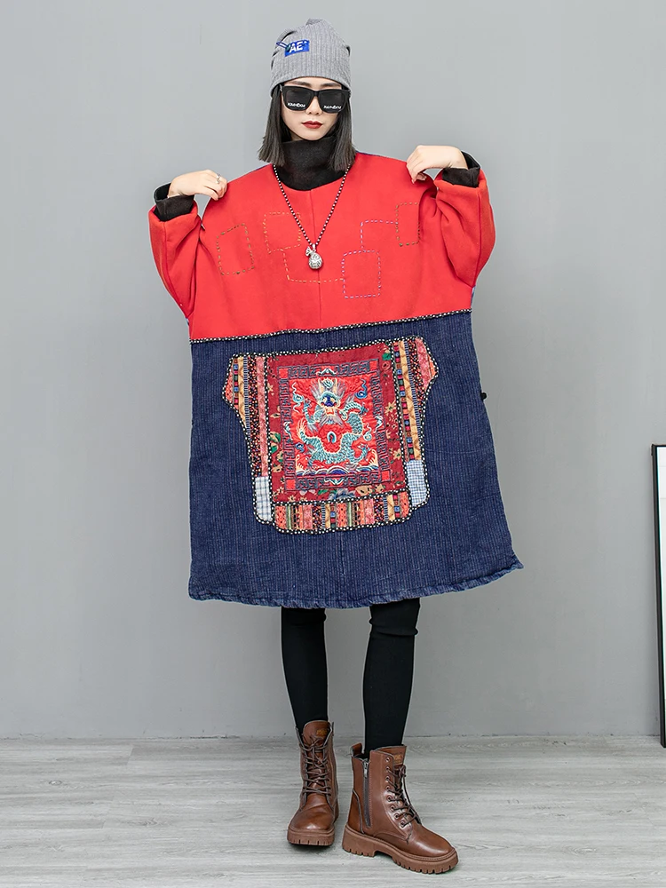 

Fashion Women's Loose Slit Pullover Long Sleeved Turtleneck Dress Medium Length Embroidered Streetwear Patchwork Straight Dress