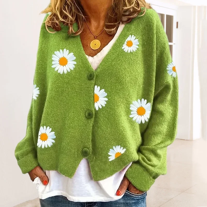 

2023 Autumn and Winter Women New Cardigan Daisy Embroidered Knitted Jacket Fashion Lazy Style Sweater V-neck Casual Elegant