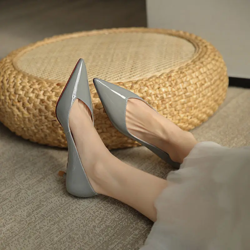 Patent Leather Pumps Women Stiletto Professional Shoes 2023 New Gray Pointed High Heels Mid-heel Women's Shoes 5