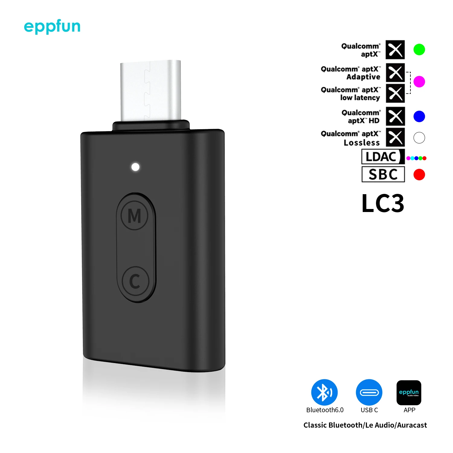 블루투스 6.0 USB-C Auracast LE 오디오 송신기, aptX 무손실 HD..