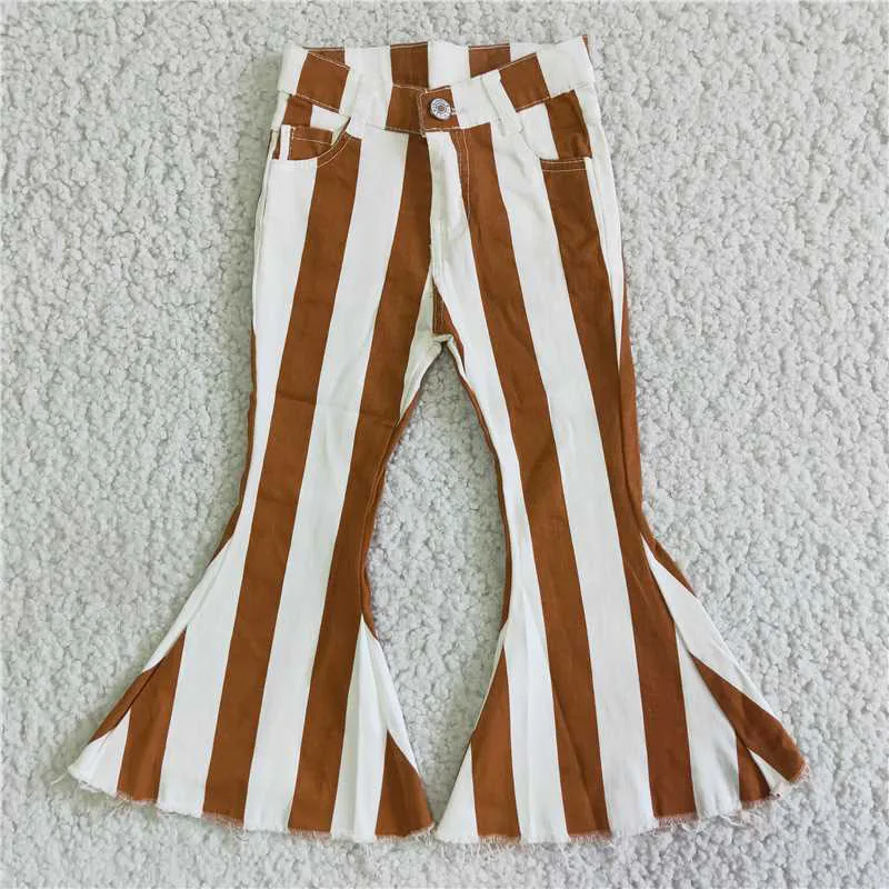 

New summer fashion grey and white Striped Denim Flare jeans baby girls wholesale boutique denim long pants