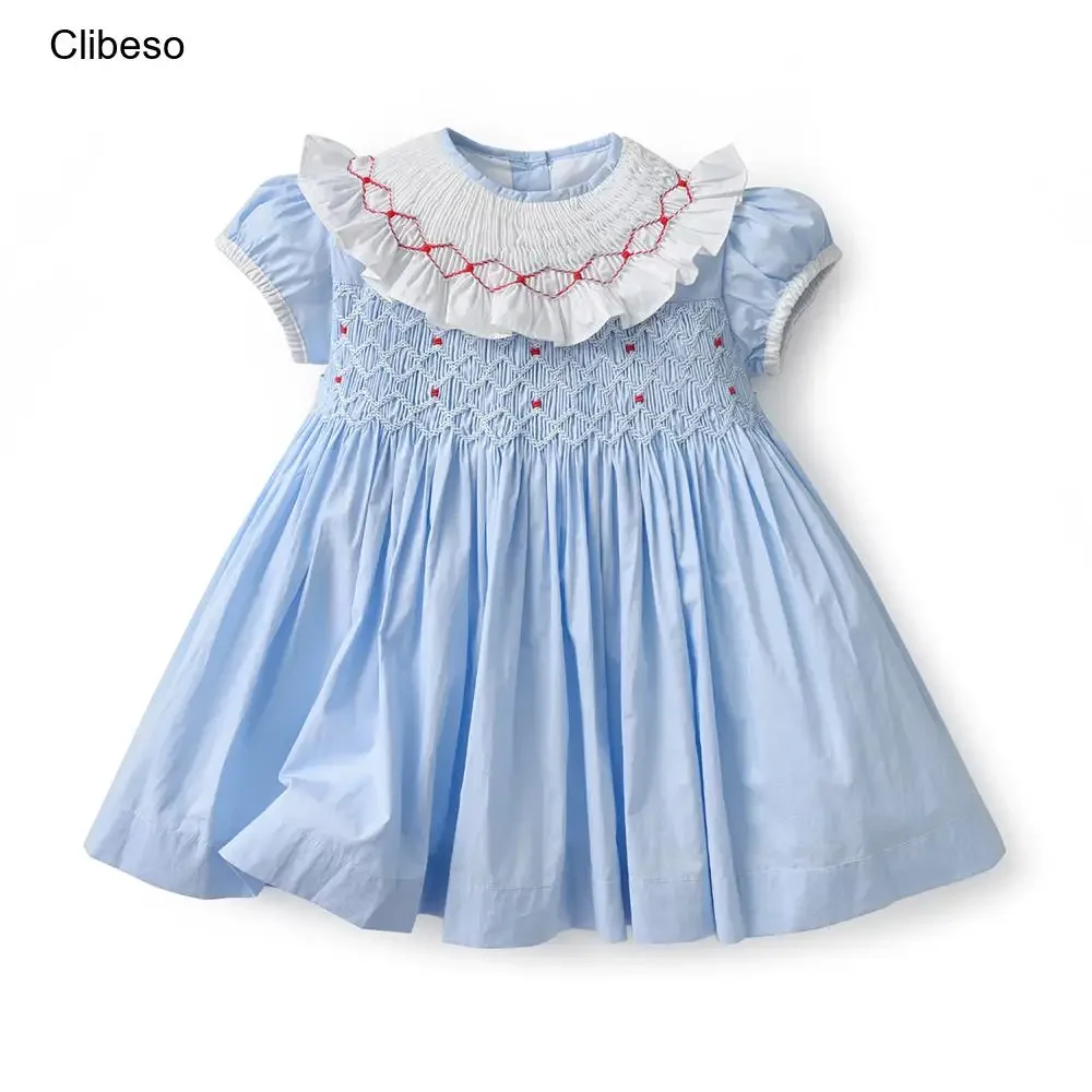 

2024 Clibeso Boutique Design Summer Dress for Kids Girl Children Handmade Embroidery Smocked Blue Dresses Infants Elegant Outfit