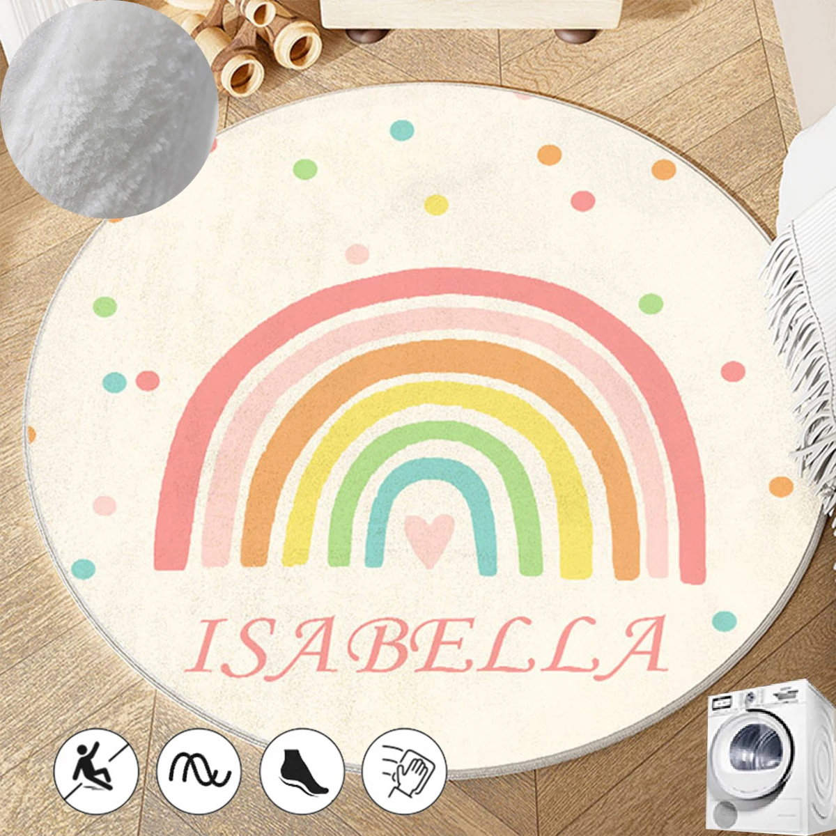 Round Flanne Home Decor Carpet Rainbow Carpets for Living Room Decor Soft Non-Slip Nursery Floor Mat Washable Rugs for Bedroom