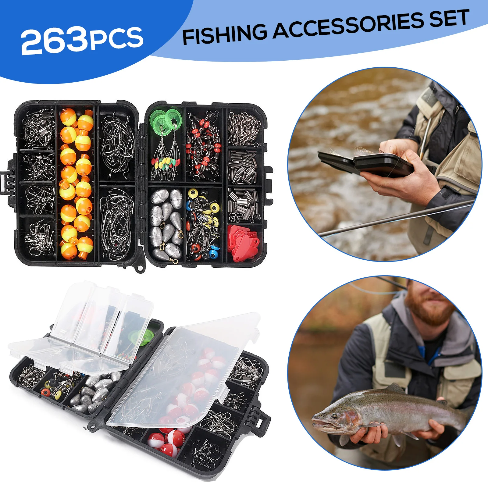 Meterk 263pcs Fishing Accessories Set with Tackle Box Including Plier Jig Hooks  Weight Swivels Snaps Slides 