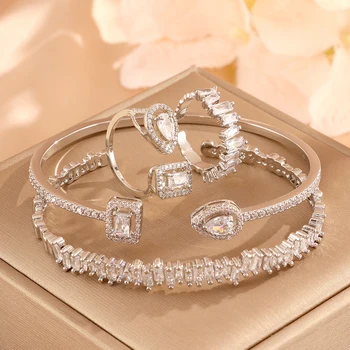ZAKOL 4/2pcs AAA Cubic Zirconia Adjustable Open Bangles Rings for Women Shiny Geometric CZ Wedding Party Jewelry 1