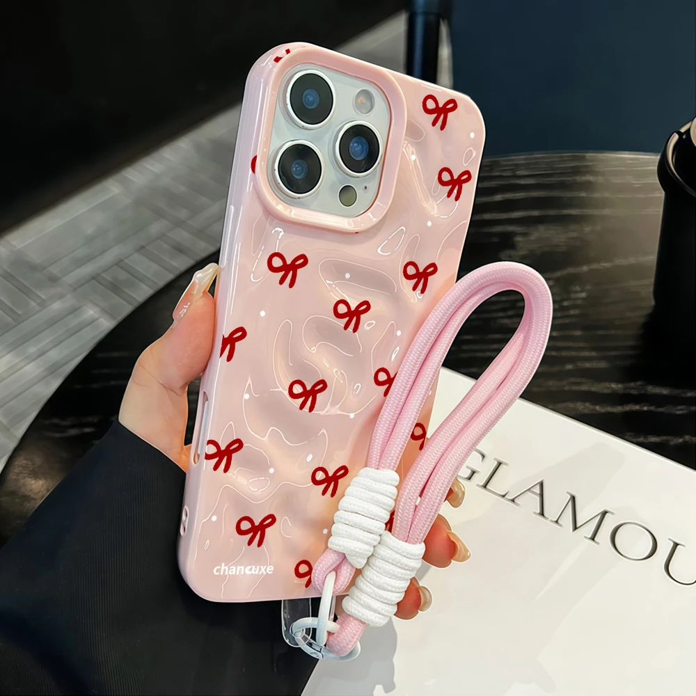 Elegant Burgundy Bow Phone Case with Lanyard - Shockproof Soft TPU Protection