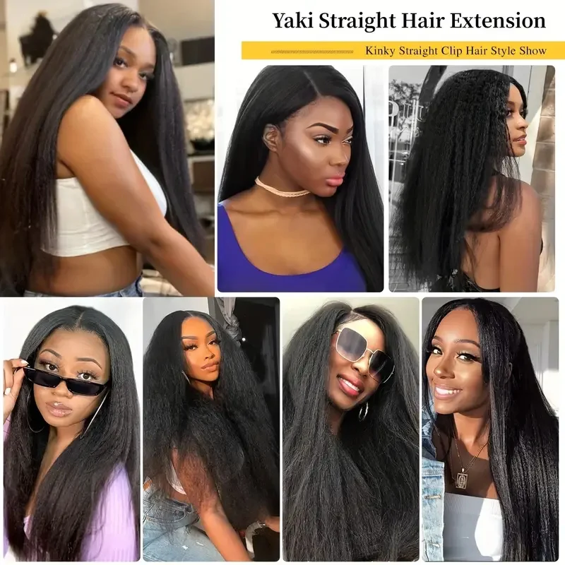 LUPU Synthetic Kinky Straight Clip In Hair Extensions For Women 7 Pcs 16 Clips Full Head Yaki Straight Clip In Hair Extensions