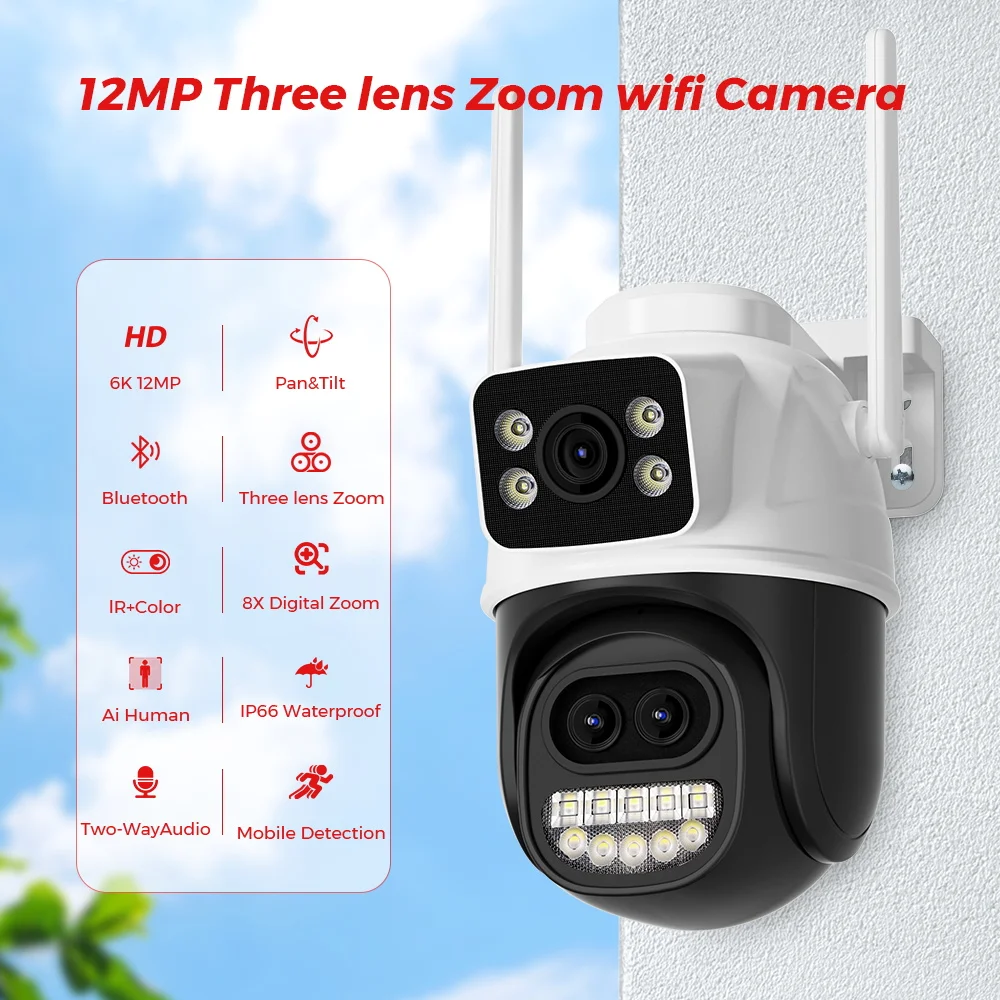 12MP 6K PTZ Wifi Camera Dual Lens 8X Digital Zoom AI Human Detection Outdoor 8MP