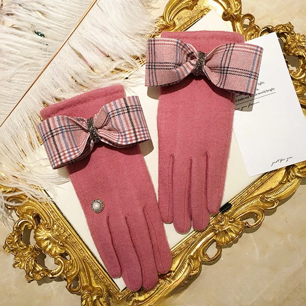 2020 Jesień/Zima Nowe Podzielone Palce Cookie Brytyjski Wzór Kokarda Styl Wełna Kaszmir Rękawiczki dla Kobiet_voghion.com