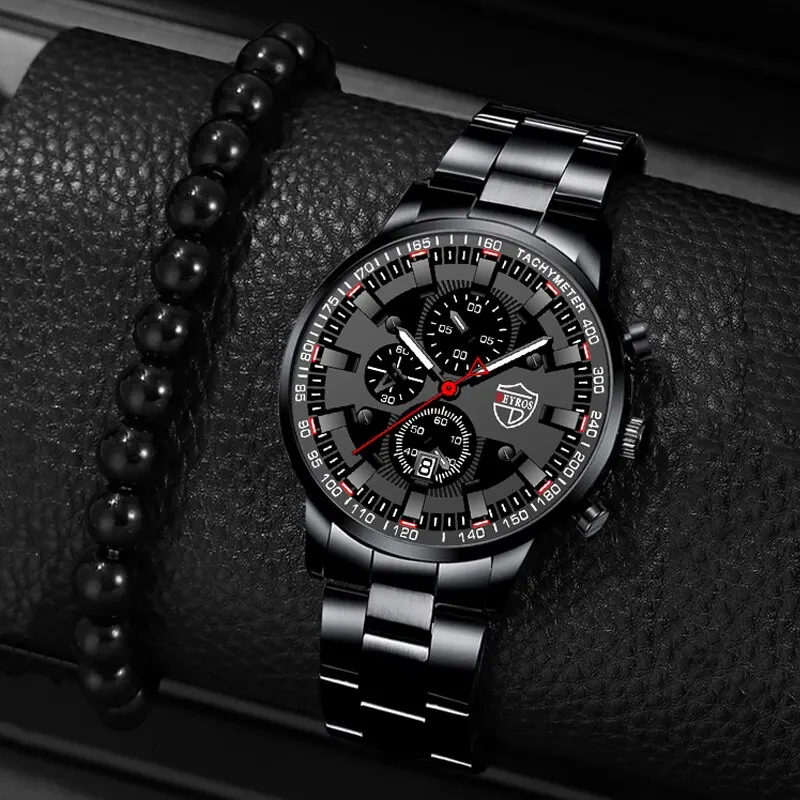 

2PCS Fashion Mens Bracelet Watches Set Men Business Stainless Steel Quartz Watch Male Calendar Wristwatch Relogio Masculino