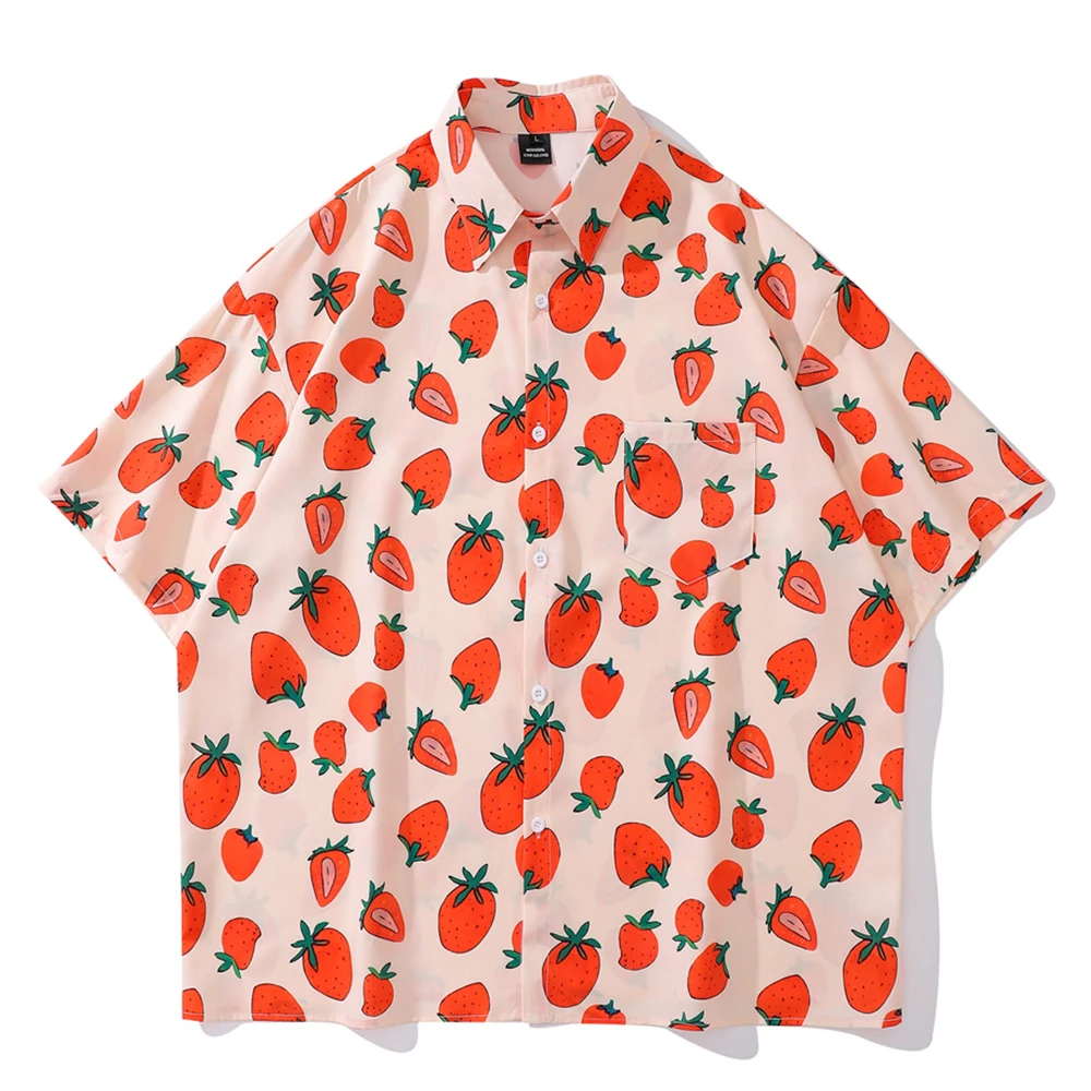 

Strawberry Full Print Oversized Men Women Shirt Button Up Loose Hawaiian Shirts for Men Male Top 2023 Summer