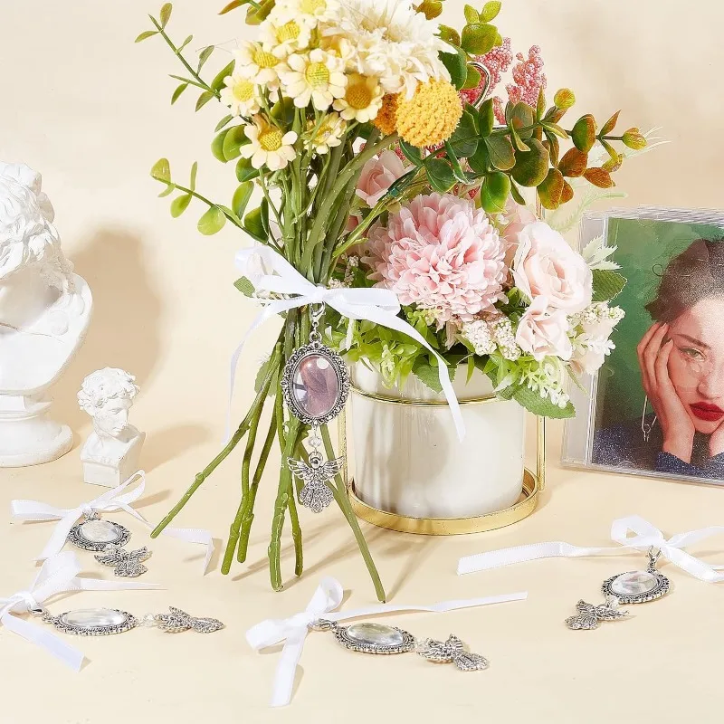 10Pcs Wedding Bouquet Photo Charms Alloy Memorial Angel Photo Charm 95mm Oval Frame Bridal Charm Angel Wing Charms