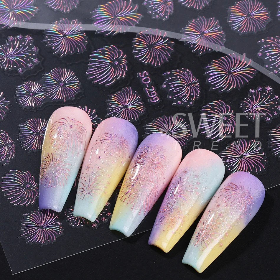 3pcs Sparkle Firework Nail Stickers Self Adhesive Laser Gold Silver Blooming Firework Design Nail Decals New Year Manicure Decor