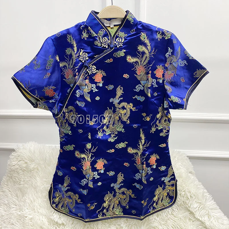 새로운 자카드 꽃 당나라 의류 여성 패션 Qipao 탑 빈티지 개선 Cheongsam 새틴 셔츠 탑 버튼 다운 착용 Plussize