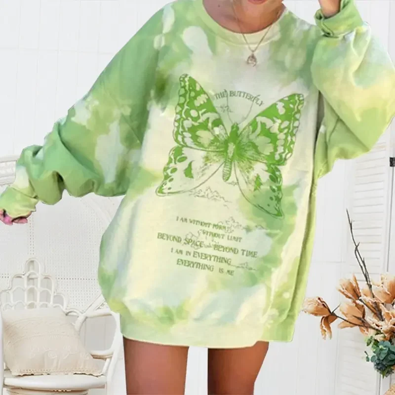 Butterfly Print Tie-dye Long-sleeved Autumn Ladies Pullover Green Hoodie Casual Loose Pullover Top Women's Sweatshirt Plus Size