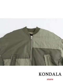 KONDALA Streetwear Armygreen Bomber Jackets Women Patchwork Zipper Pockets Oversized Jackets Fashion 2025 Winter Spring Coats 5
