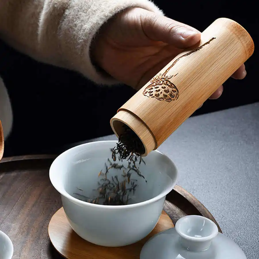 Round Bamboo Tea Canister Storage Container For Coffee Beans Nuts tea tin box tea canister