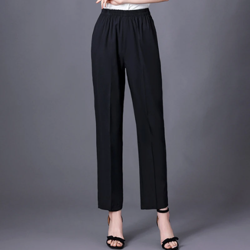 Middle-aged Women Summer Pencil Pants High Waist Casual Stretch Straight Pants Female Black Ankle-length Trousers  5 XL shascullfites melody stretch jeans middle rise skinny jeggigns shapewear body shaper full length women garments