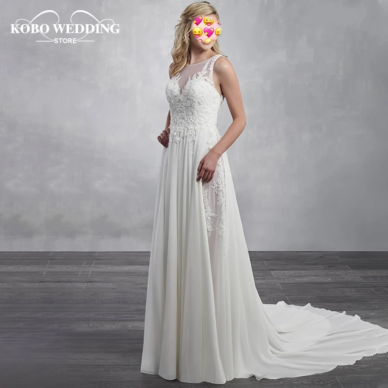 

2022 Gorgeous Beach Wedding Dresses See Through Vestido De Noiva Sheer Neck Chiffon Appliques Sexy Cut Out Wedding Gowns