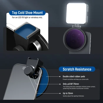 NEEWER 67mm Clip On Variable ND2-ND32 Phone Lens Filter Kit, Phone Clip with Threaded Adapter Ring/Cold Shoe/Locking Knob 5