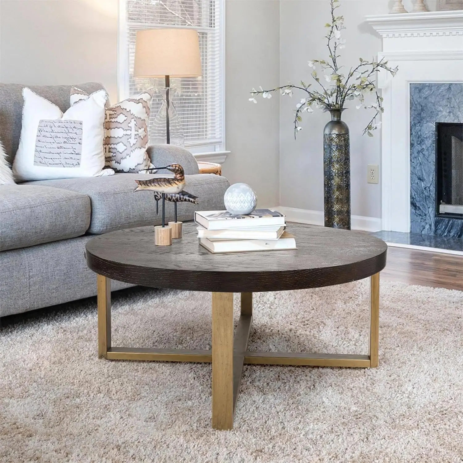 

Round Coffee Table, 36” Coffee Table for Living Room Rustic Wood Cocktail Table with Gold Legs