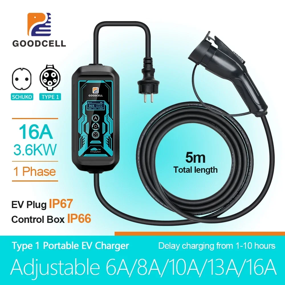 Saej1772 Caricabatterie Portatile Ev 16A 3.6Kw Tipo 1 Iec 62196-2 Tipo 2 Wallbox Corrente Regolabile Per La Ricarica Dell'Auto Del Veicolo Elettrico