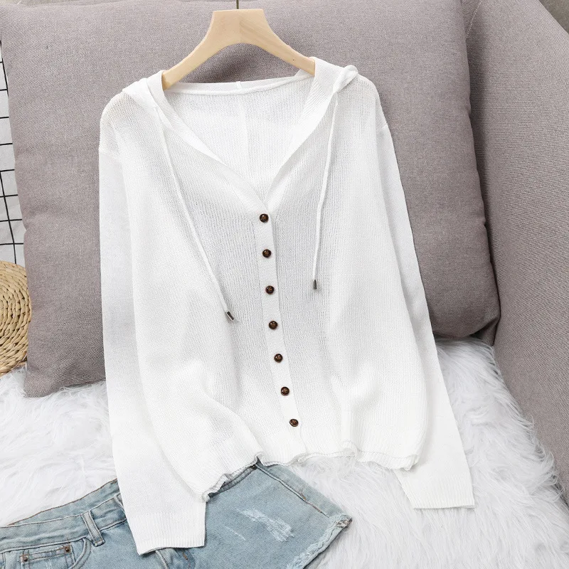 

2023 Knitted Cardigan Korean Long Sleeve Cardigan Women for Summer Button Up Hooded Jacket Ice Silk Sweater Thin Sunscreen Tops