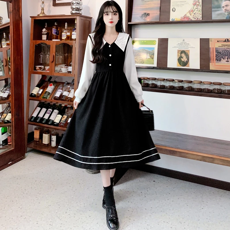 

Spring Autumn Fake Two Piece Long Dresses For Women 4XL Female Navy Collar Long Sleeve Black Large Size Elegant A Line Vestidos