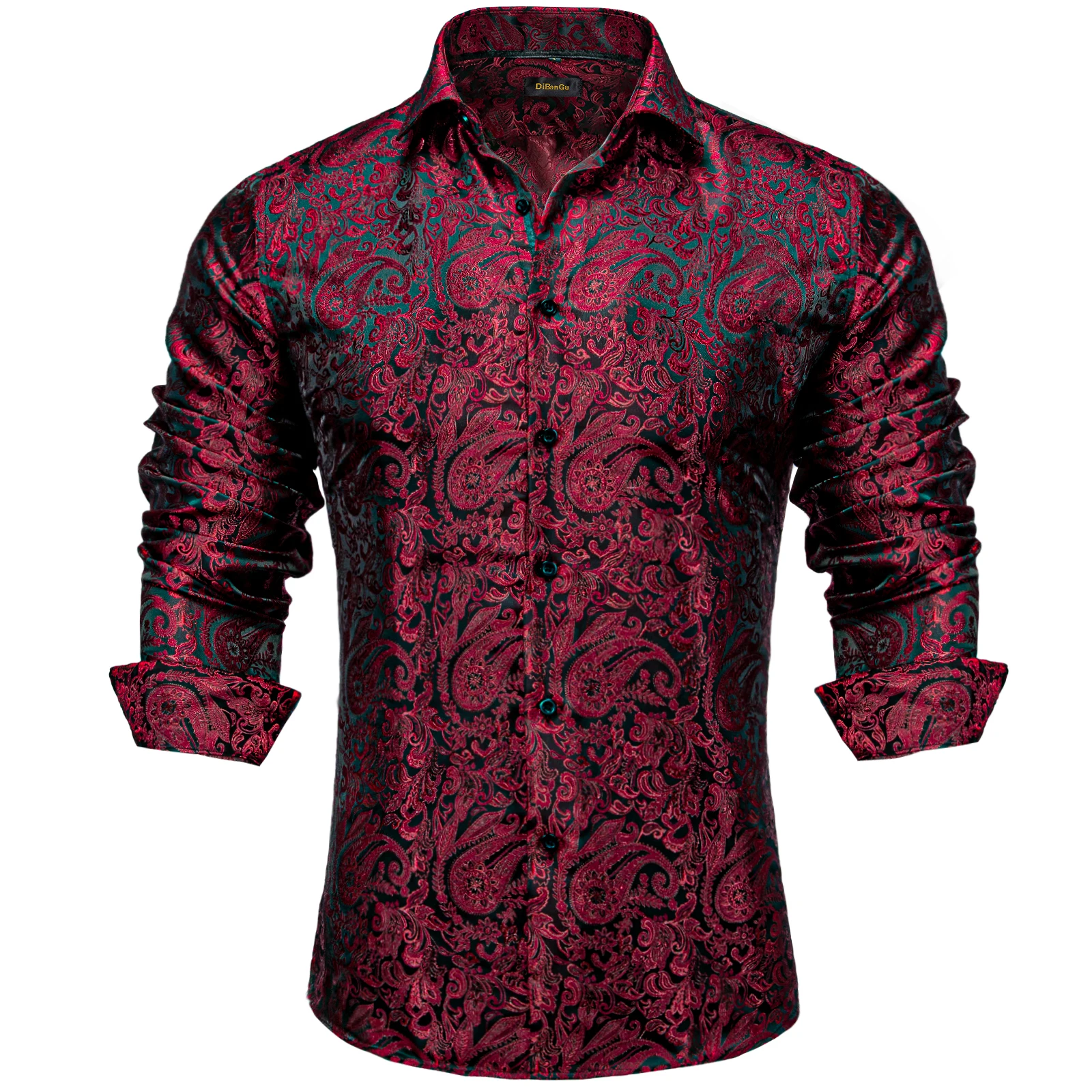 2022 New Style Long Sleeve Shirts for Men Luxury Red Paisley Social Dress Shirt Brand Men Clothing DiBanGu